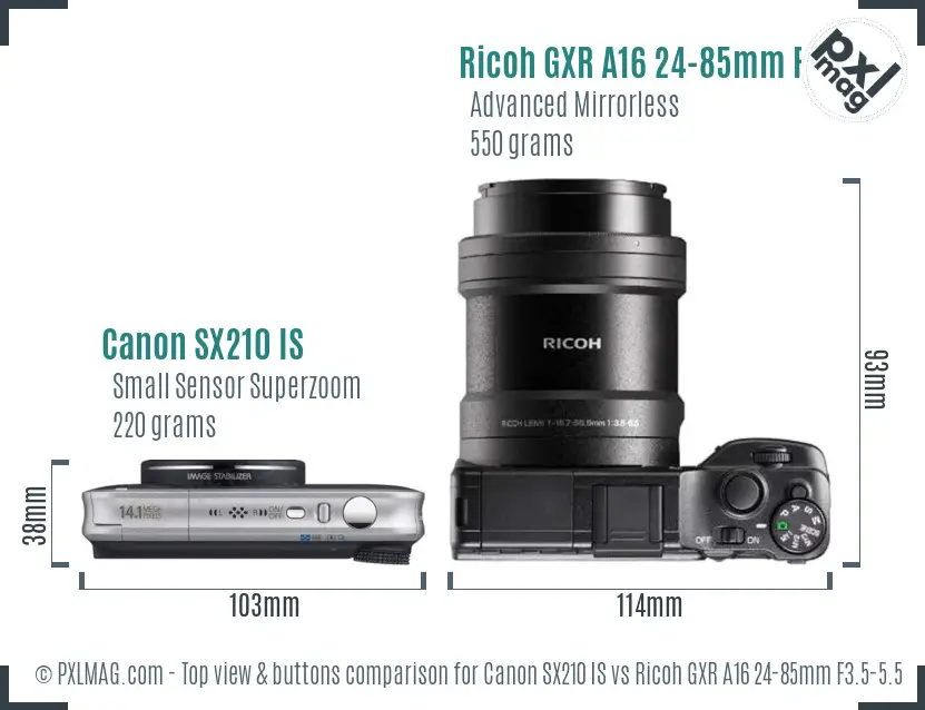 Canon SX210 IS vs Ricoh GXR A16 24-85mm F3.5-5.5 top view buttons comparison Canon SX210 IS vs Ricoh GXR A16 24-85mm F3.5-5.5 top view buttons comparison