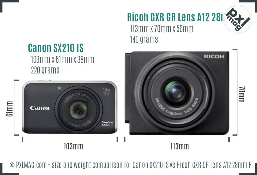 Canon SX210 IS vs Ricoh GXR GR Lens A12 28mm F2.5 size comparison Canon SX210 IS vs Ricoh GXR GR Lens A12 28mm F2.5 size comparison
