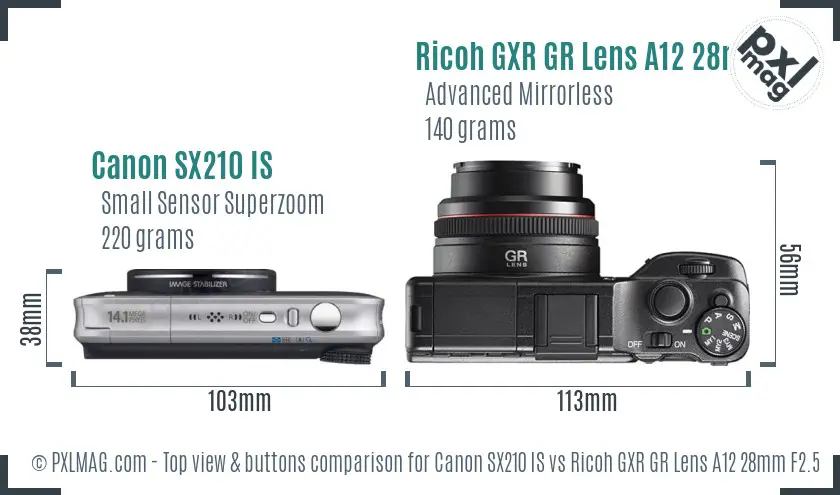 Canon SX210 IS vs Ricoh GXR GR Lens A12 28mm F2.5 top view buttons comparison Canon SX210 IS vs Ricoh GXR GR Lens A12 28mm F2.5 top view buttons comparison