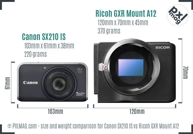 Canon SX210 IS vs Ricoh GXR Mount A12 size comparison Canon SX210 IS vs Ricoh GXR Mount A12 size comparison
