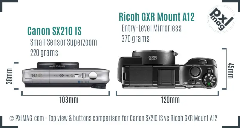 Canon SX210 IS vs Ricoh GXR Mount A12 top view buttons comparison Canon SX210 IS vs Ricoh GXR Mount A12 top view buttons comparison