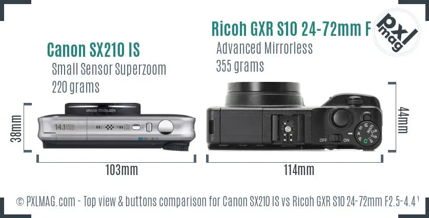 Canon SX210 IS vs Ricoh GXR S10 24-72mm F2.5-4.4 VC top view buttons comparison