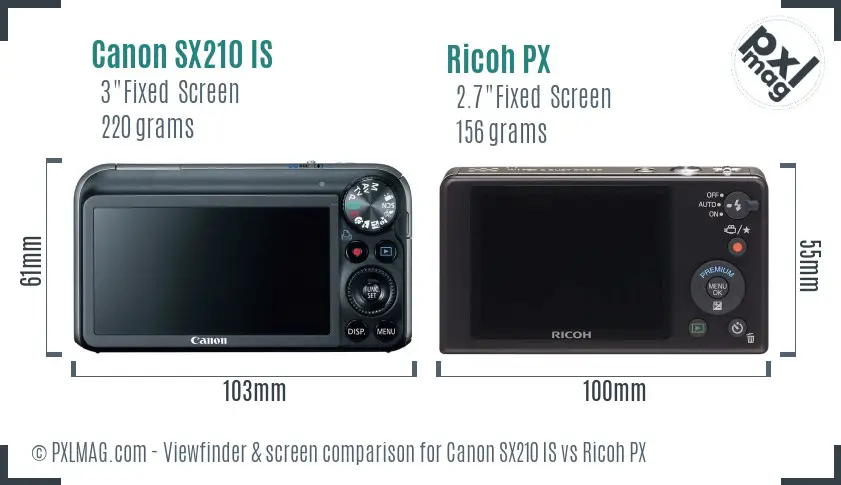 Canon SX210 IS vs Ricoh PX Screen and Viewfinder comparison