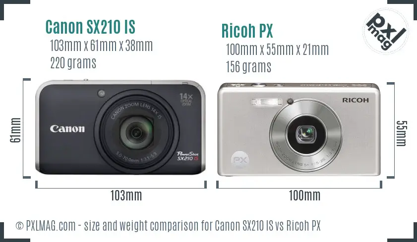 Canon SX210 IS vs Ricoh PX size comparison