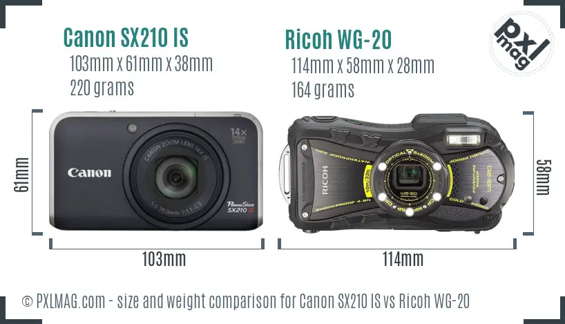 Canon SX210 IS vs Ricoh WG-20 size comparison