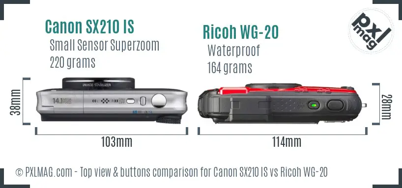 Canon SX210 IS vs Ricoh WG-20 top view buttons comparison