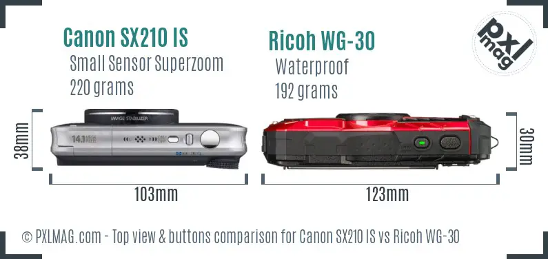 Canon SX210 IS vs Ricoh WG-30 top view buttons comparison Canon SX210 IS vs Ricoh WG-30 top view buttons comparison