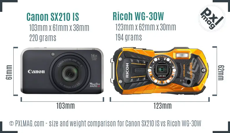 Canon SX210 IS vs Ricoh WG-30W size comparison