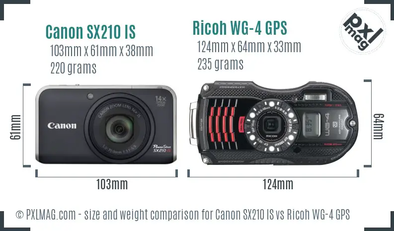 Canon SX210 IS vs Ricoh WG-4 GPS size comparison