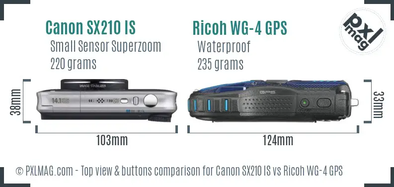 Canon SX210 IS vs Ricoh WG-4 GPS top view buttons comparison
