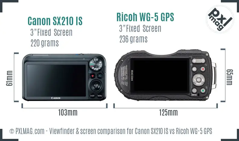 Canon SX210 IS vs Ricoh WG-5 GPS Screen and Viewfinder comparison