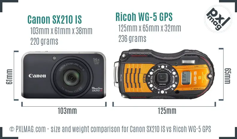 Canon SX210 IS vs Ricoh WG-5 GPS size comparison