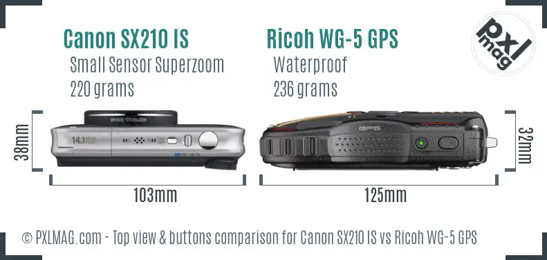 Canon SX210 IS vs Ricoh WG-5 GPS top view buttons comparison