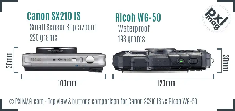 Canon SX210 IS vs Ricoh WG-50 top view buttons comparison