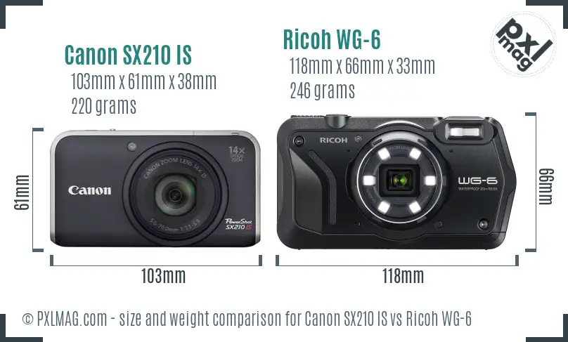 Canon SX210 IS vs Ricoh WG-6 size comparison