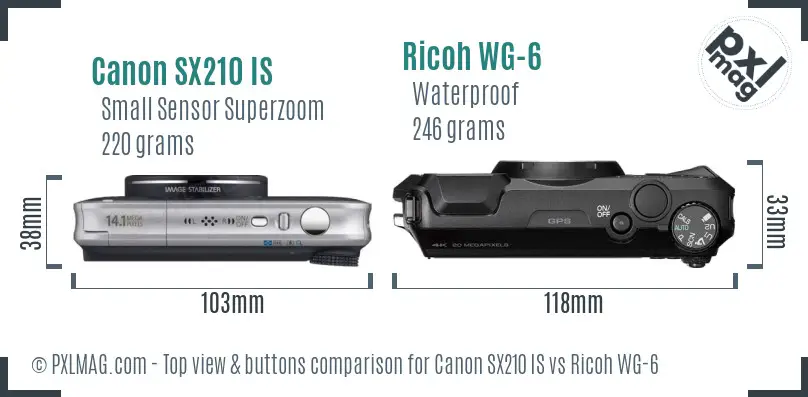 Canon SX210 IS vs Ricoh WG-6 top view buttons comparison
