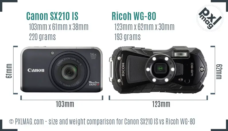 Canon SX210 IS vs Ricoh WG-80 size comparison