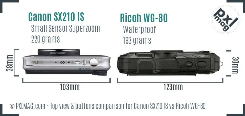 Canon SX210 IS vs Ricoh WG-80 top view buttons comparison