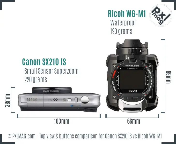 Canon SX210 IS vs Ricoh WG-M1 top view buttons comparison