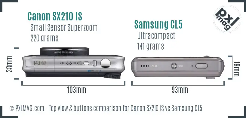 Canon SX210 IS vs Samsung CL5 top view buttons comparison