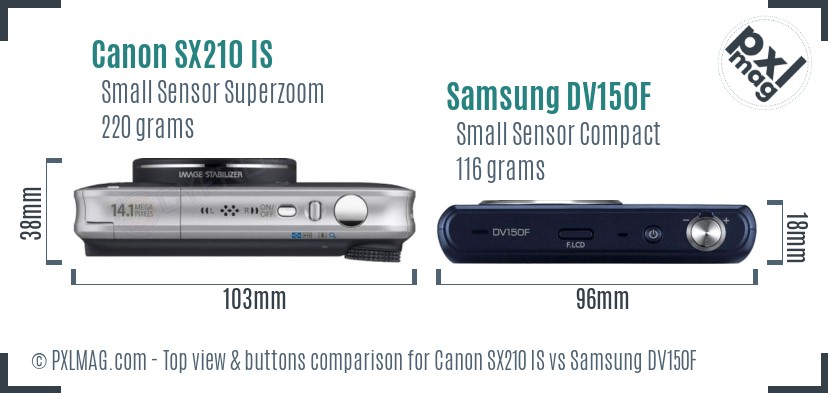 Canon SX210 IS vs Samsung DV150F top view buttons comparison