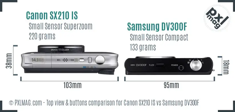 Canon SX210 IS vs Samsung DV300F top view buttons comparison