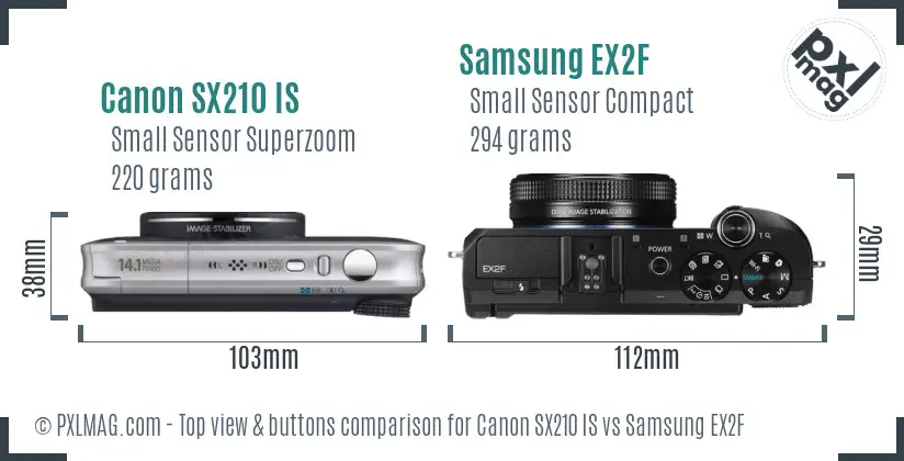 Canon SX210 IS vs Samsung EX2F top view buttons comparison