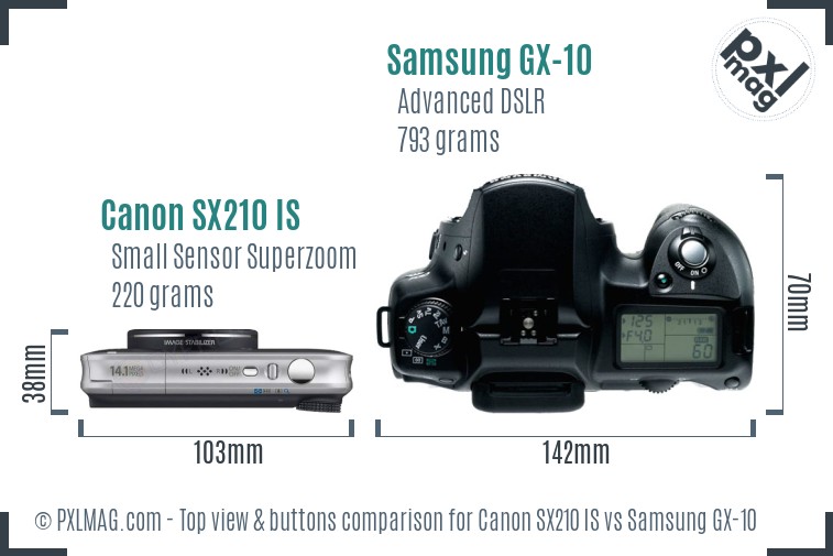 Canon SX210 IS vs Samsung GX-10 top view buttons comparison