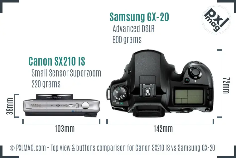 Canon SX210 IS vs Samsung GX-20 top view buttons comparison Canon SX210 IS vs Samsung GX-20 top view buttons comparison
