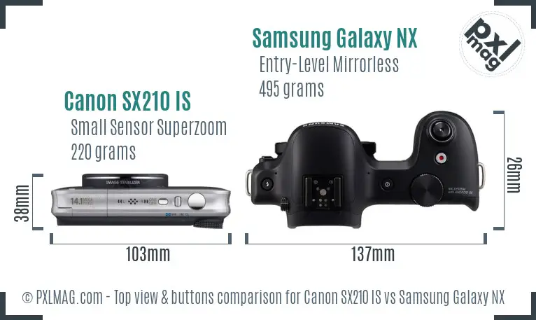 Canon SX210 IS vs Samsung Galaxy NX top view buttons comparison