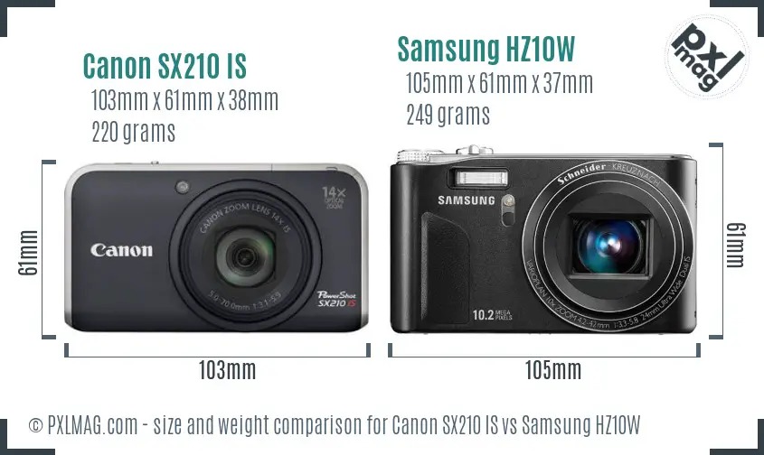 Canon SX210 IS vs Samsung HZ10W size comparison