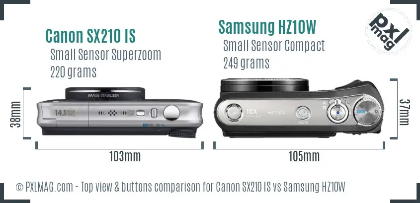 Canon SX210 IS vs Samsung HZ10W top view buttons comparison