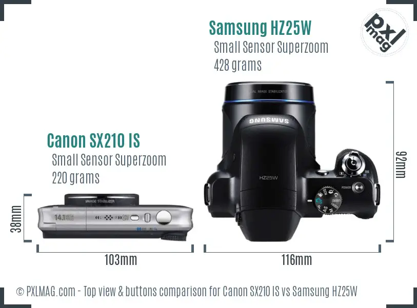Canon SX210 IS vs Samsung HZ25W top view buttons comparison Canon SX210 IS vs Samsung HZ25W top view buttons comparison