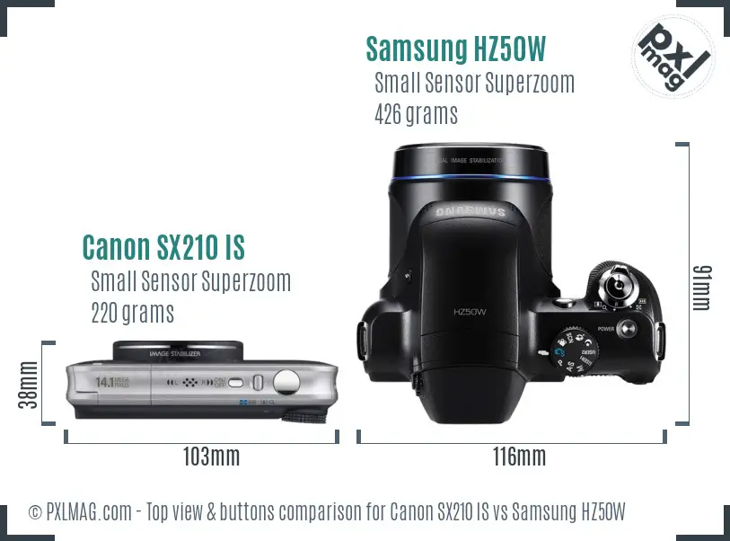Canon SX210 IS vs Samsung HZ50W top view buttons comparison