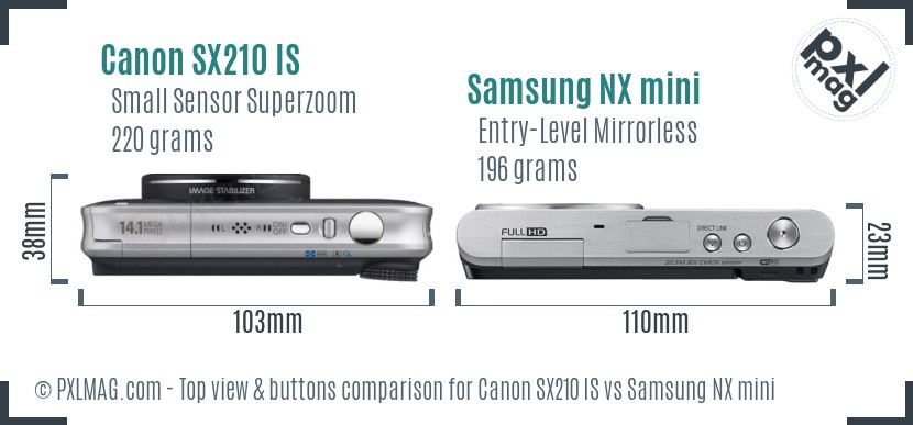 Canon SX210 IS vs Samsung NX mini top view buttons comparison