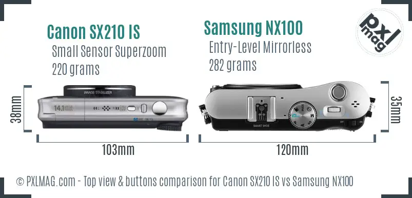 Canon SX210 IS vs Samsung NX100 top view buttons comparison Canon SX210 IS vs Samsung NX100 top view buttons comparison