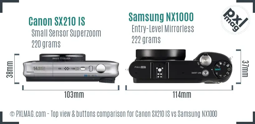 Canon SX210 IS vs Samsung NX1000 top view buttons comparison