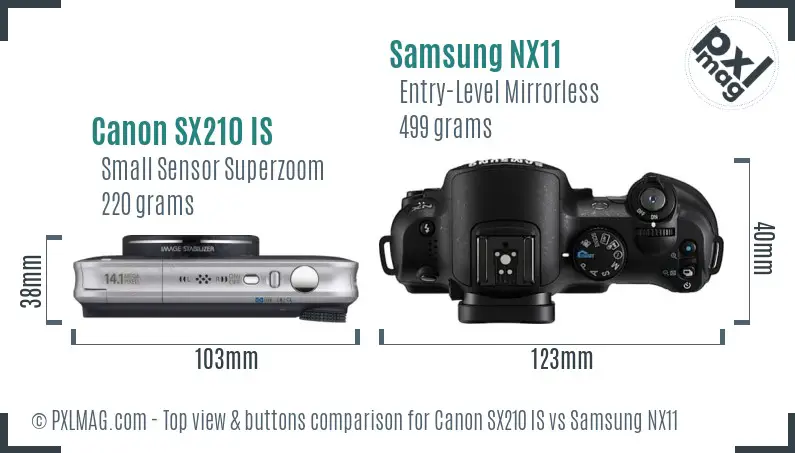 Canon SX210 IS vs Samsung NX11 top view buttons comparison