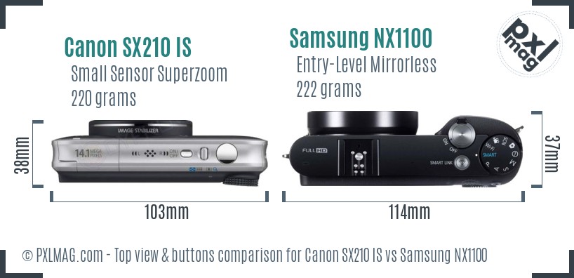 Canon SX210 IS vs Samsung NX1100 top view buttons comparison
