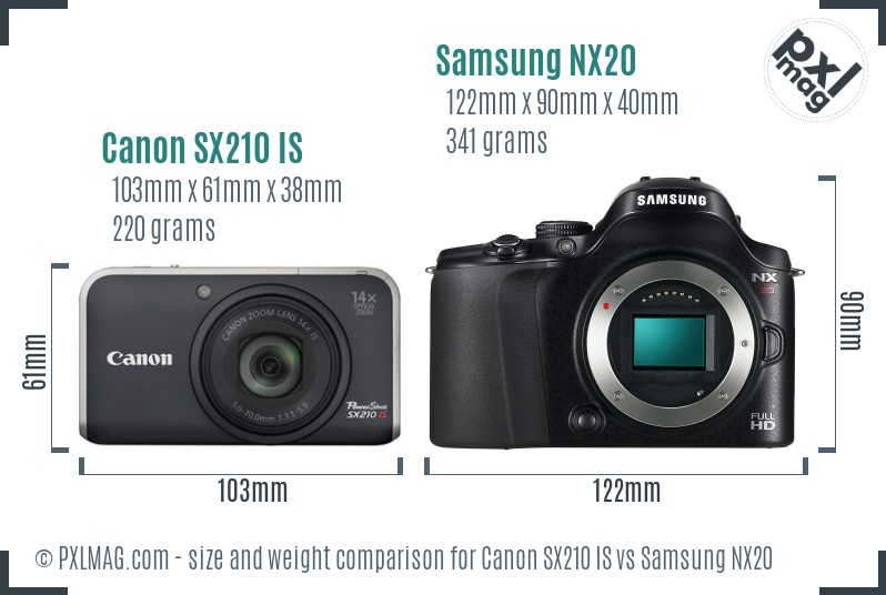 Canon SX210 IS vs Samsung NX20 size comparison