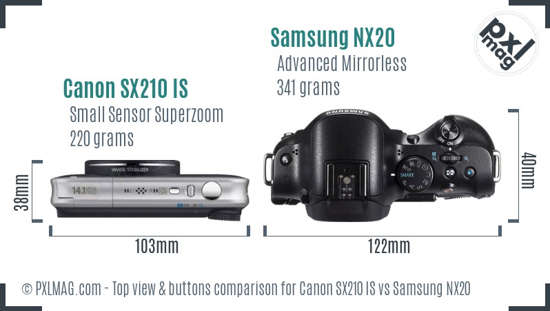 Canon SX210 IS vs Samsung NX20 top view buttons comparison
