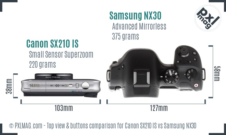 Canon SX210 IS vs Samsung NX30 top view buttons comparison