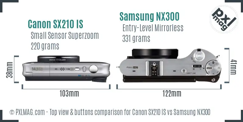 Canon SX210 IS vs Samsung NX300 top view buttons comparison Canon SX210 IS vs Samsung NX300 top view buttons comparison