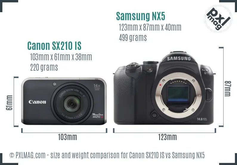 Canon SX210 IS vs Samsung NX5 size comparison