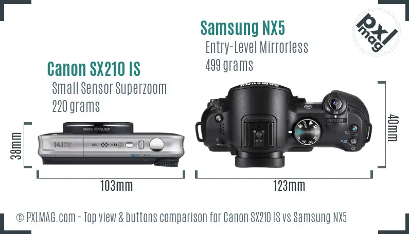 Canon SX210 IS vs Samsung NX5 top view buttons comparison
