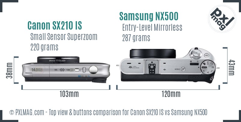 Canon SX210 IS vs Samsung NX500 top view buttons comparison