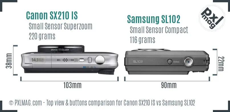 Canon SX210 IS vs Samsung SL102 top view buttons comparison