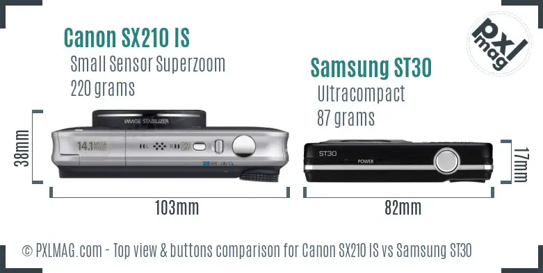 Canon SX210 IS vs Samsung ST30 top view buttons comparison