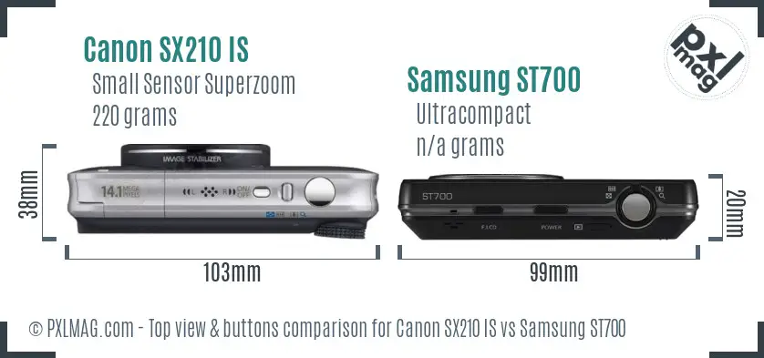 Canon SX210 IS vs Samsung ST700 top view buttons comparison Canon SX210 IS vs Samsung ST700 top view buttons comparison