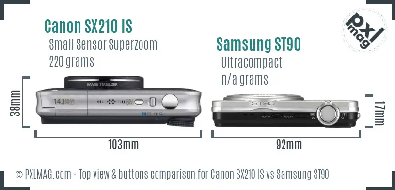 Top-down view of Canon SX210 IS and Samsung ST90 control layout